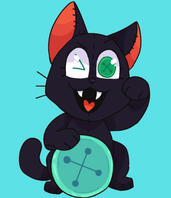 Art of a black cat holding a teal/blue button